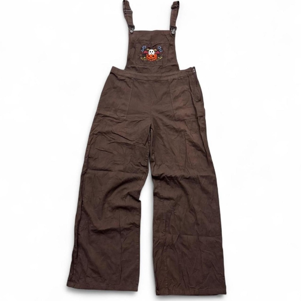 Hot Topic Halloween Pumpkin Ghost Patch Brown Bib Overalls Sz L